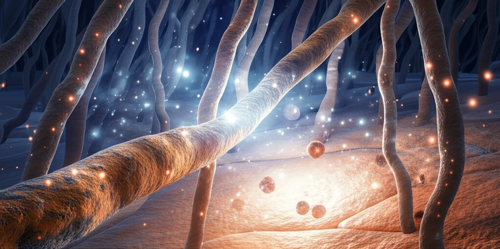 Glowing collagen strands interwoven with healthy cartilage cells.