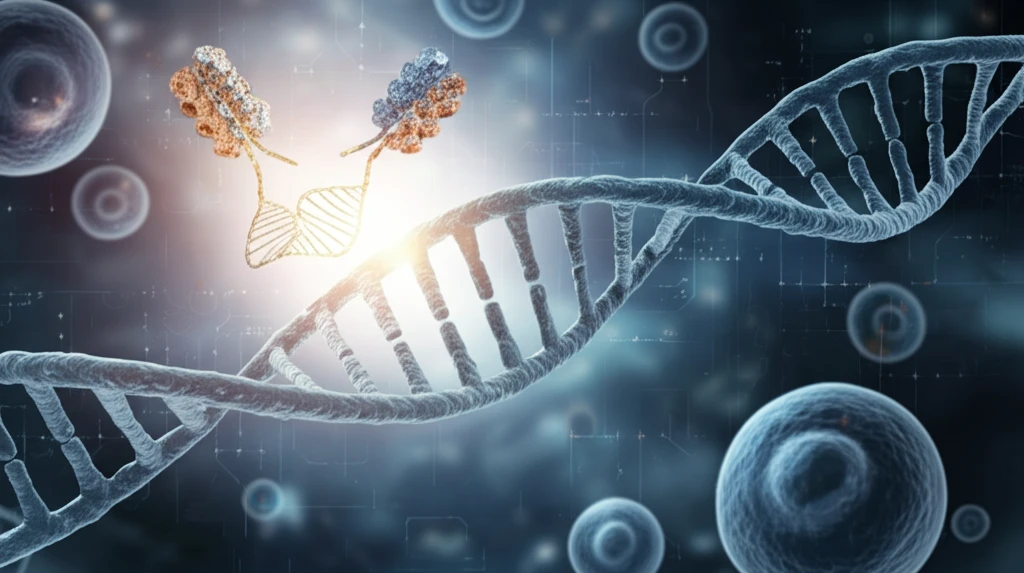 DNA strand illuminated by focused light with CRISPR/Cas9 structures