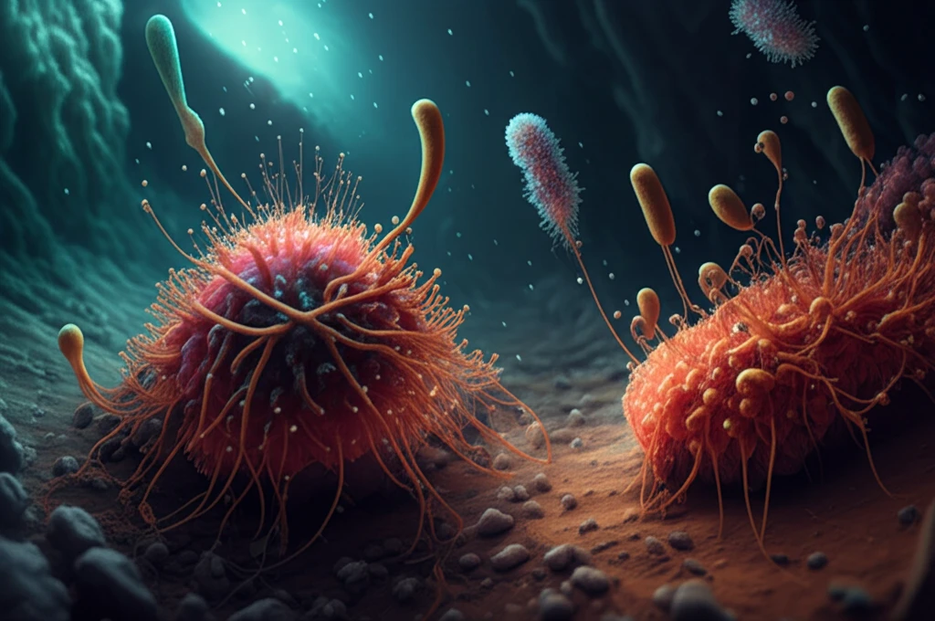 Marine bacteria colonies transforming tellurite into tellurium nanorods in deep-sea sediment.