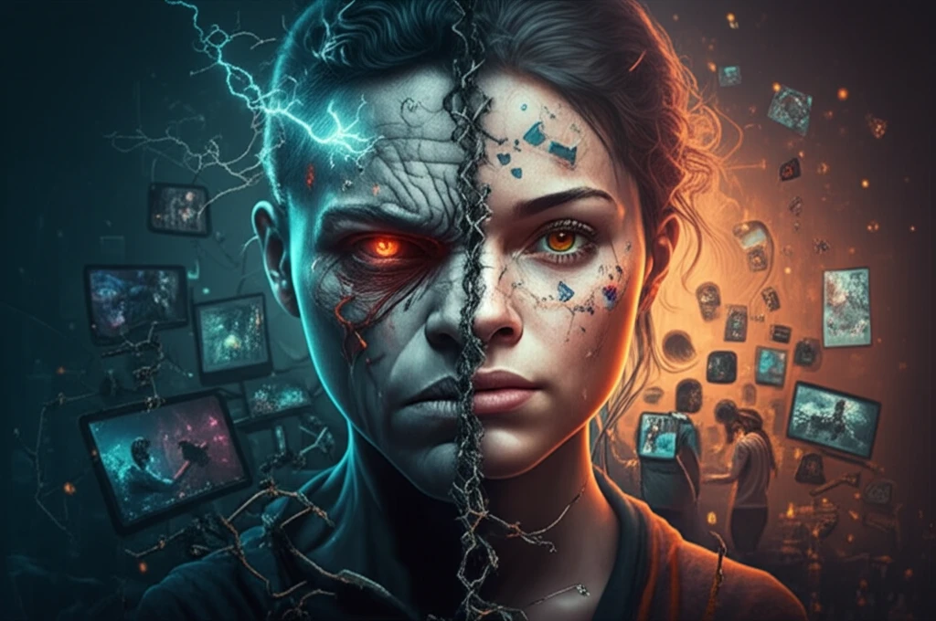 Surreal illustration contrasting narcissistic and relational Facebook use.