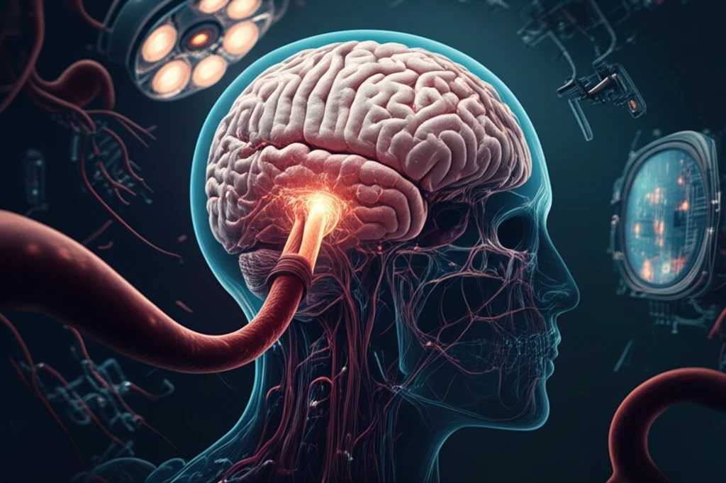 Surreal illustration of a giant intracranial aneurysm within a complex brain, symbolizing advanced treatment options.