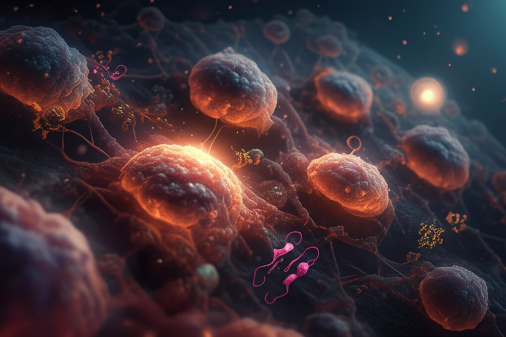 Microscopic view of cells with glowing Smad7 proteins, symbolizing regenerative breakthroughs.