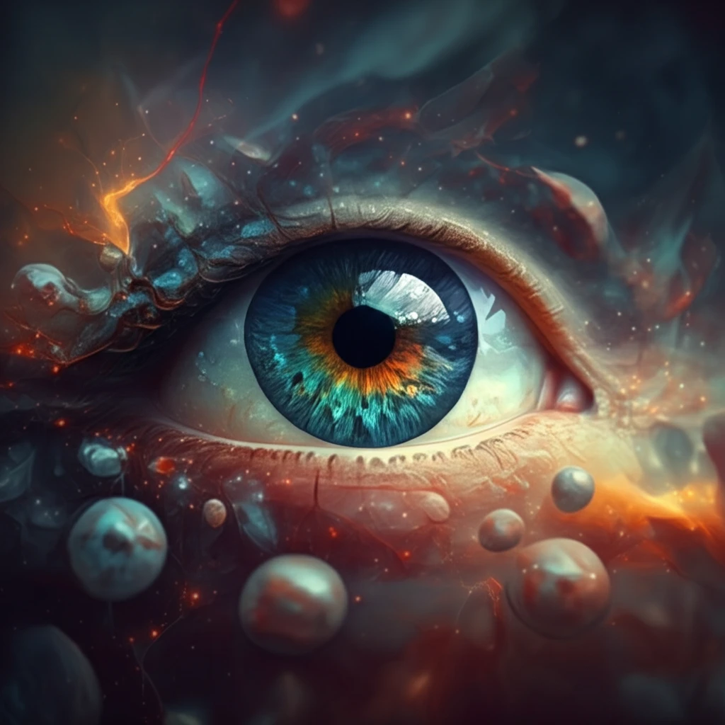 Calm eye surrounded by nebula symbolizing inflammation and healing.