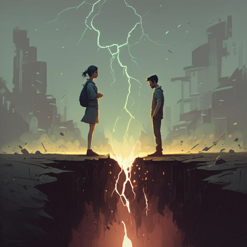 A cracked foundation symbolizes a strained relationship due to underlying emotional issues, represented by a concerned woman and an insecure man.