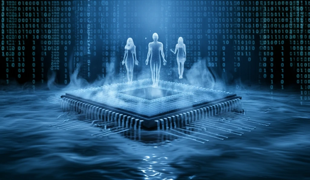 Microchip submerged in liquid nitrogen, with ghostly data figures.