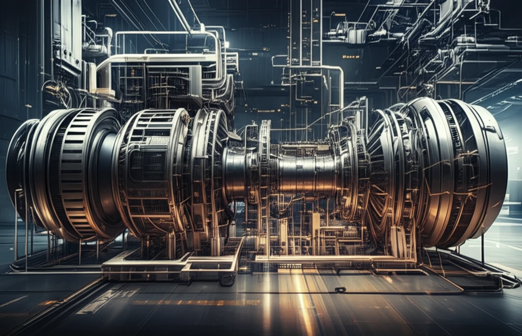 AI neural network patterns analyzing a complex engineering system.