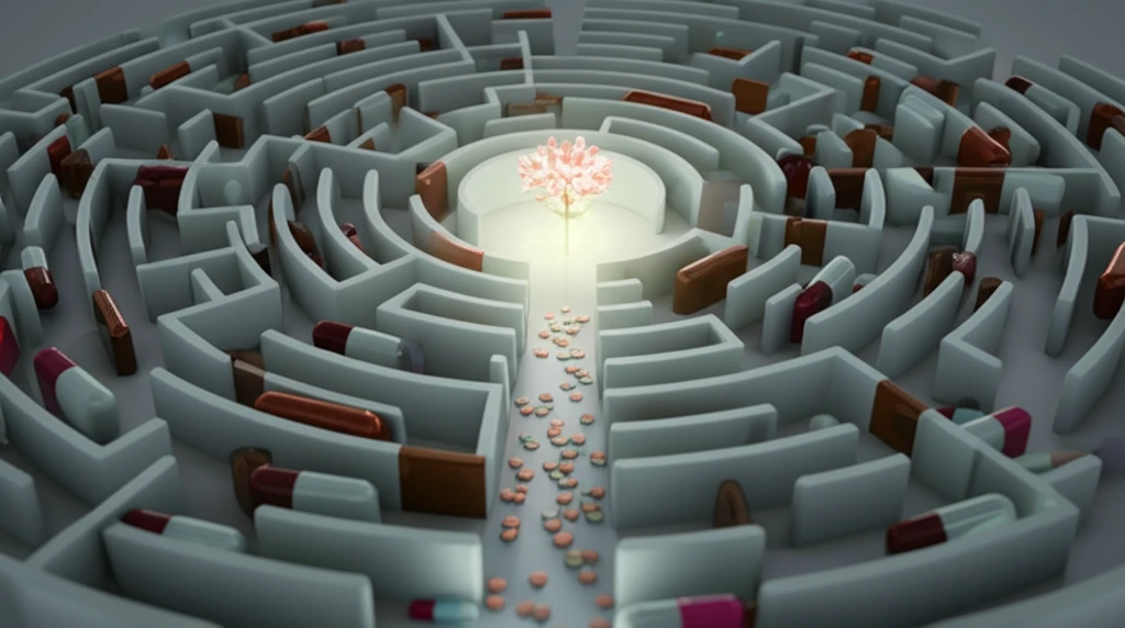 A labyrinth of pills leading to a blossoming flower, symbolizing drug repurposing.