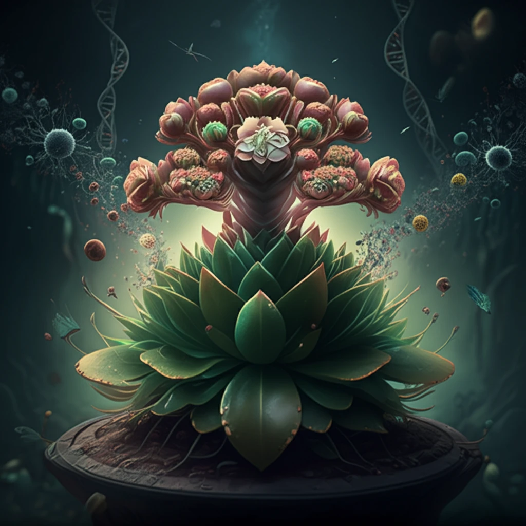 Surreal illustration of Kalanchoe plant fighting cancer.