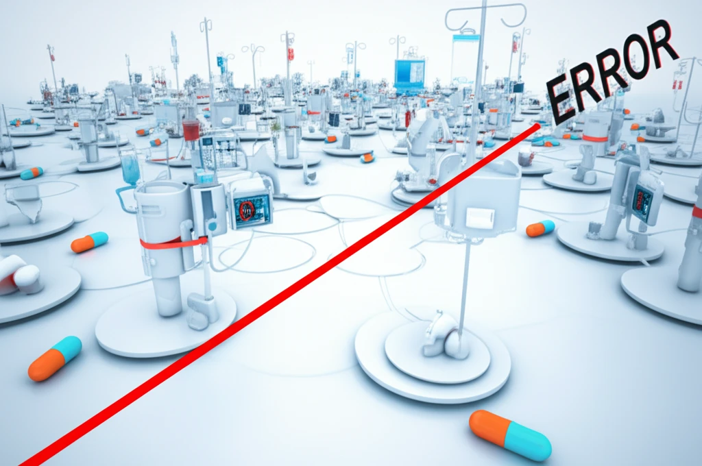 Surreal illustration of a complex hospital system with a red line symbolizing a medication error.