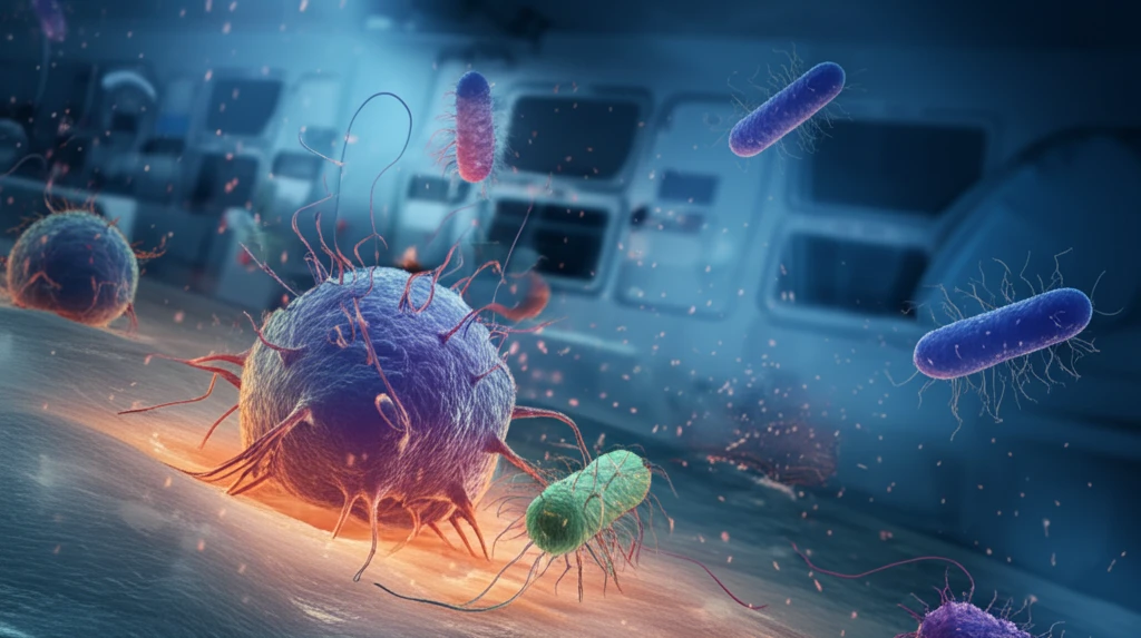 Microscopic battle between immune cells and antibiotic-resistant bacteria.