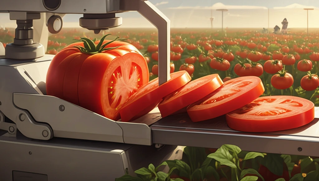 Tomato Slicing Machine: A modern device slicing a tomato with precision.