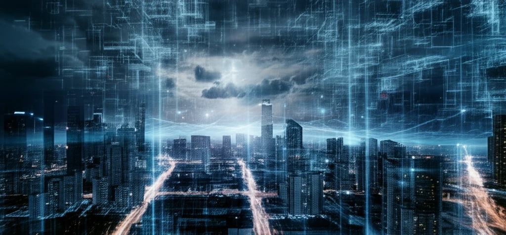 A digital rendering of a glowing city integrated with a complex power grid, showing the optimization of energy flow through a gravitational field.