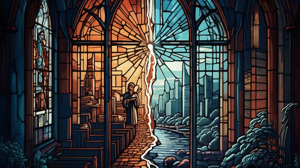 Fractured stained-glass window symbolizing the church-state divide within the Baptist community.