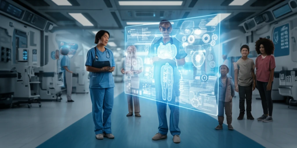 Interactive medical diagrams on a tablet, nurses and children in a futuristic hospital setting.