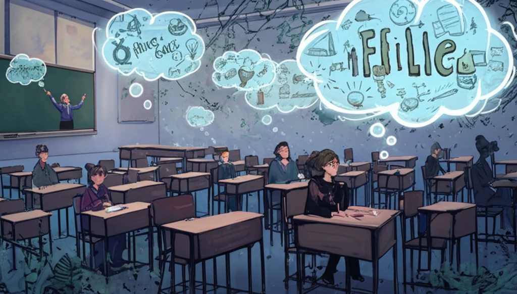 Surreal classroom with thought bubbles representing sociological concepts.