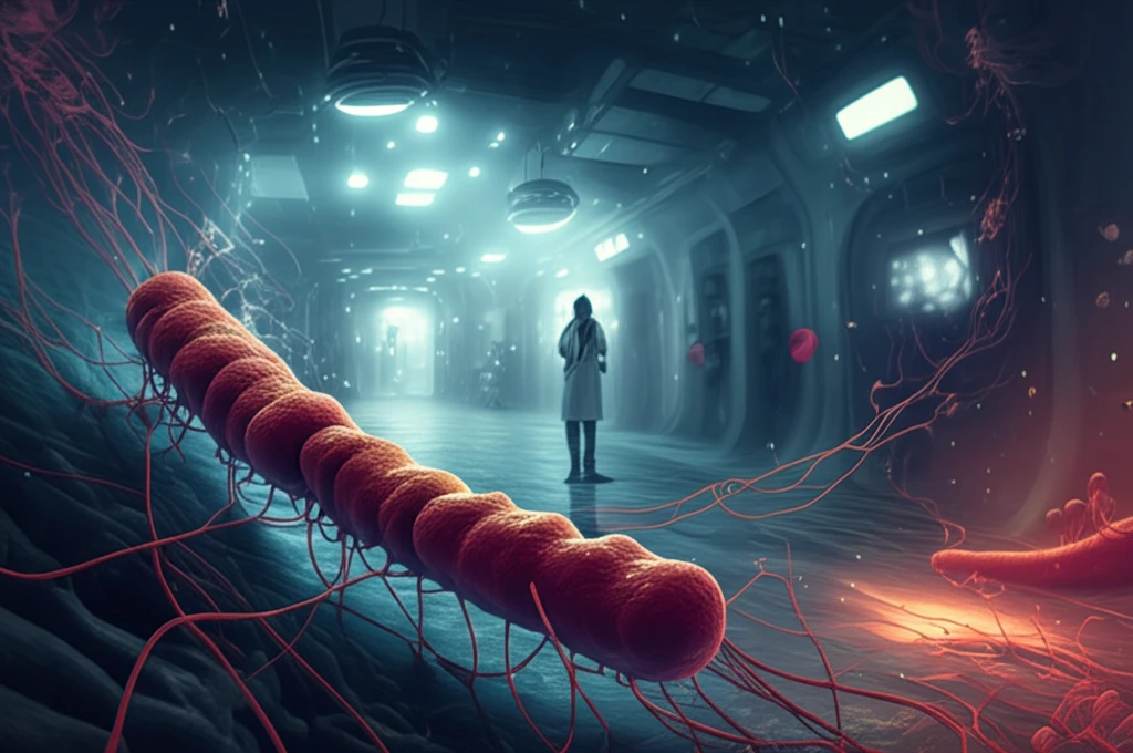 Surreal illustration of C. difficile bacteria in a hospital setting, symbolizing diagnosis and treatment.