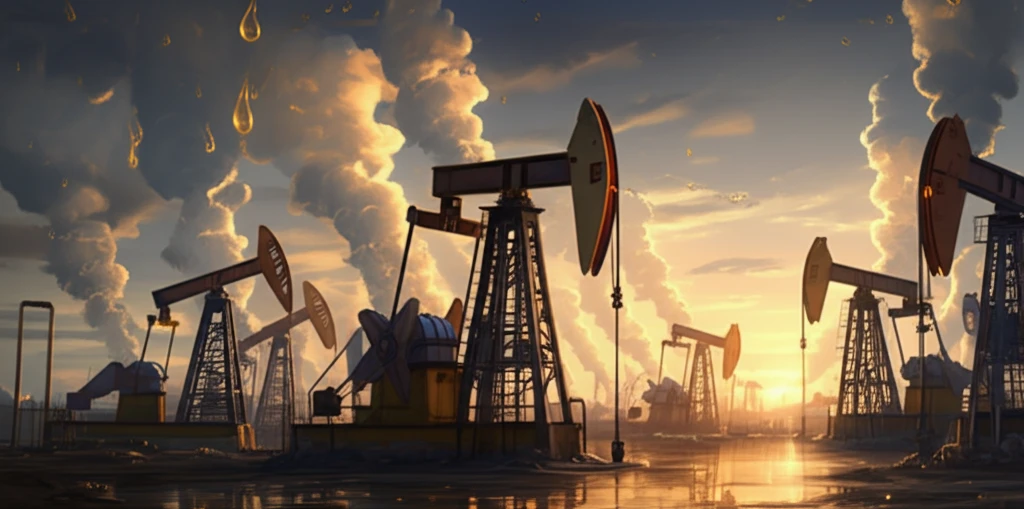 Steam rising from an oil field, golden oil drops intermingling with steam, sunrise.