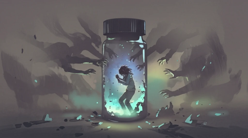 Person trapped in a pill bottle, symbolizing drug-induced trauma