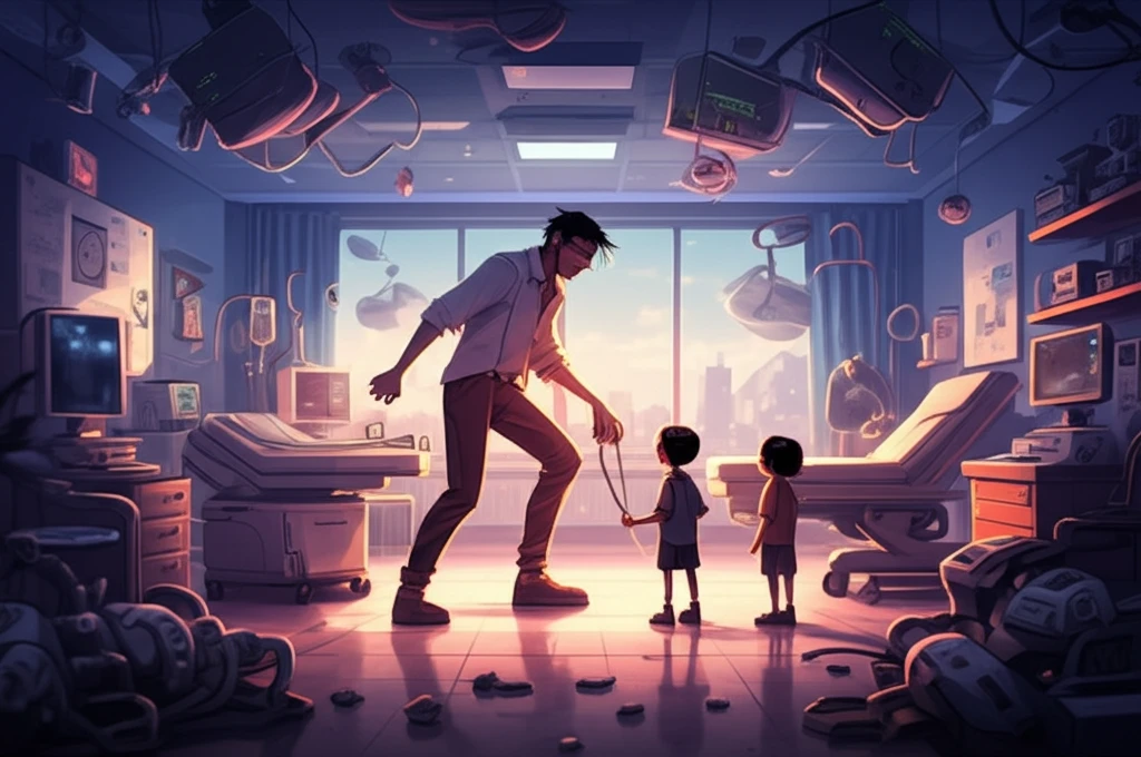 A surreal illustration of an adult in a pediatric emergency room.
