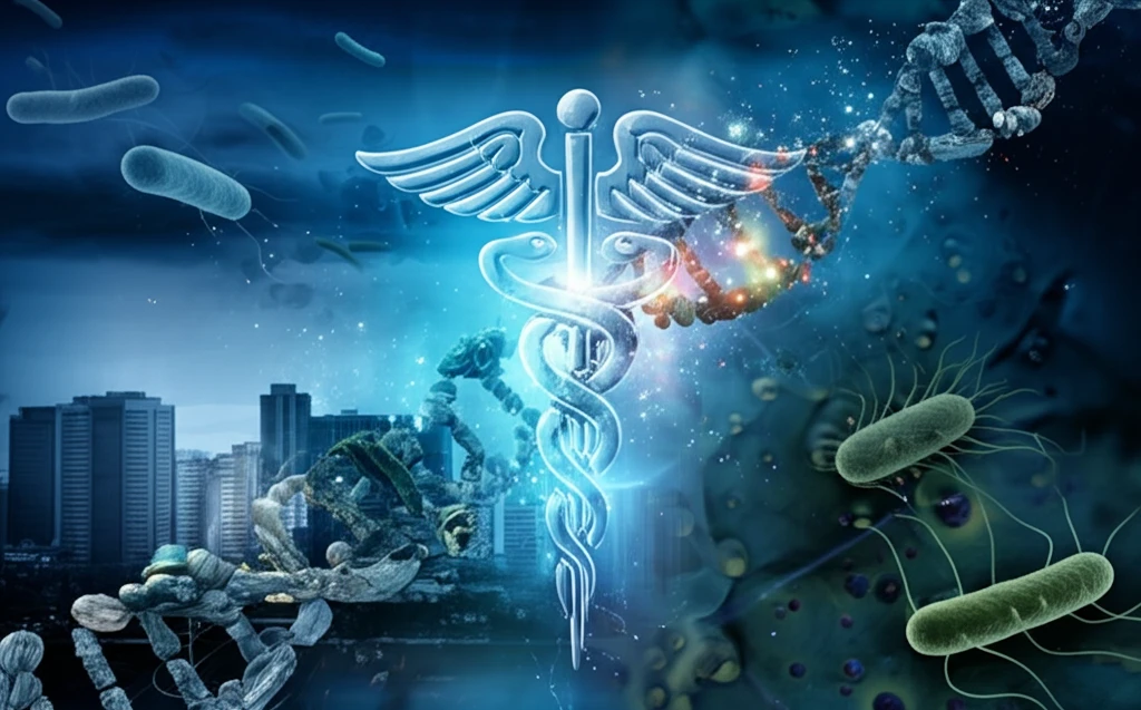 Stylized DNA strand interwoven with Rio de Janeiro skyline and microscopic bacteria.