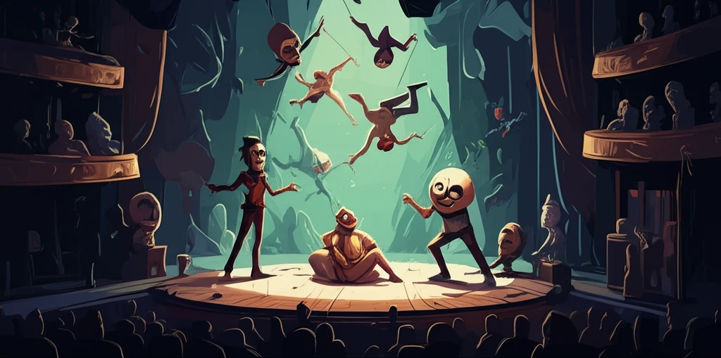 Surreal illustration of a diverse group on a stage, masked, blending into a white audience, symbolizing performative diversity.