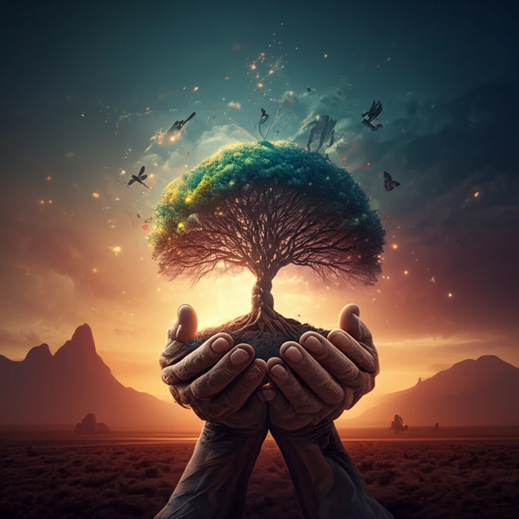 Elderly hands holding a glowing tree, symbolizing life and growth, set against a South African landscape, representing the positive impact of pensions on quality of life.