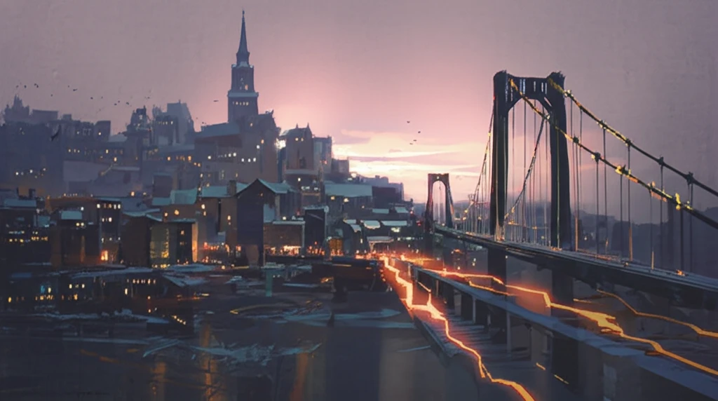 Glowing lines visualizing shear strength in a bridge, blending new and old architecture.