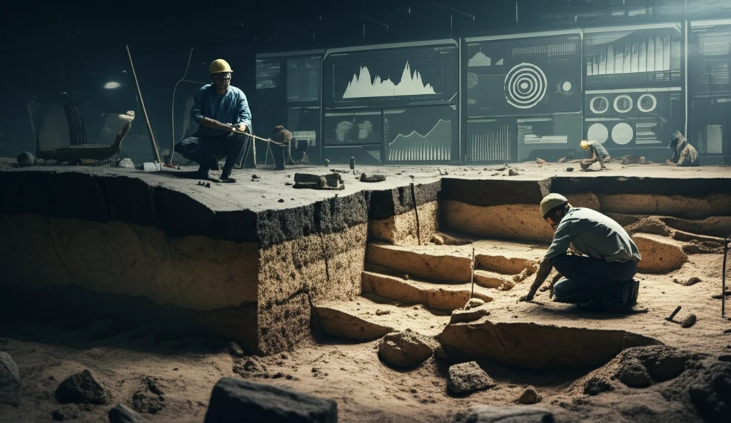 Archaeological dig site with transparent sediment layers