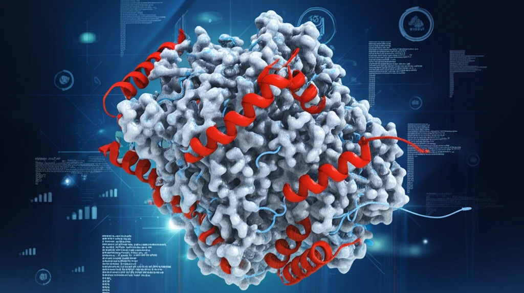 Abstract illustration of protein structure evaluation scores surrounding a protein model.