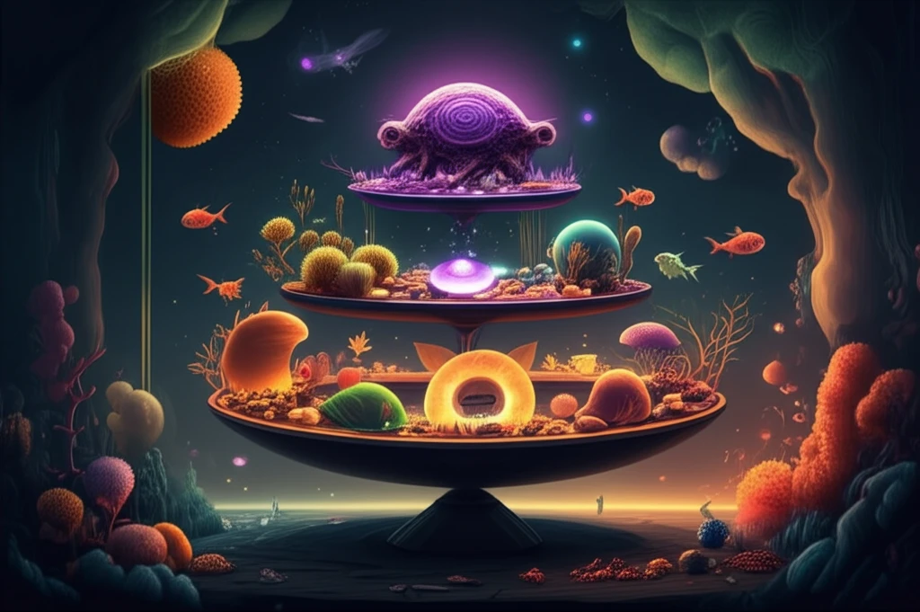 A surreal illustration depicting the stability of a food chain, with a glowing predator at the top and a fluctuating lower trophic level.