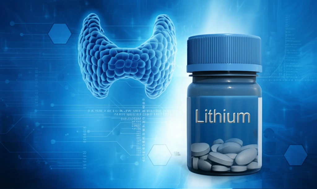 Lithium pill bottle with a subtle thyroid gland, symbolizing the balance between mental and physical health.