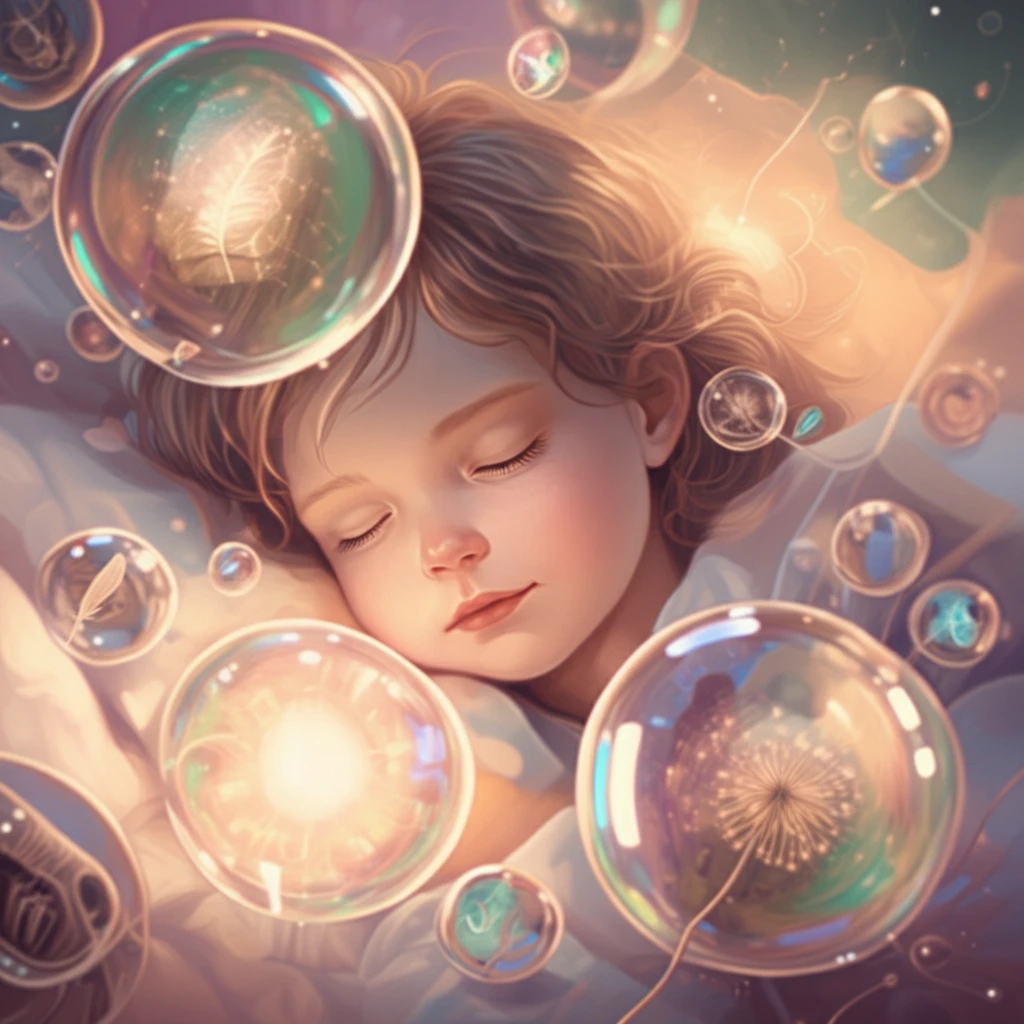 A serene child sleeping peacefully, surrounded by symbols of healthy breathing.