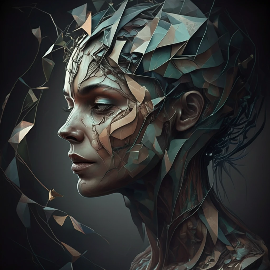 Surreal image of a face transforming into a geometric shape, symbolizing creativity and cognitive enhancement.