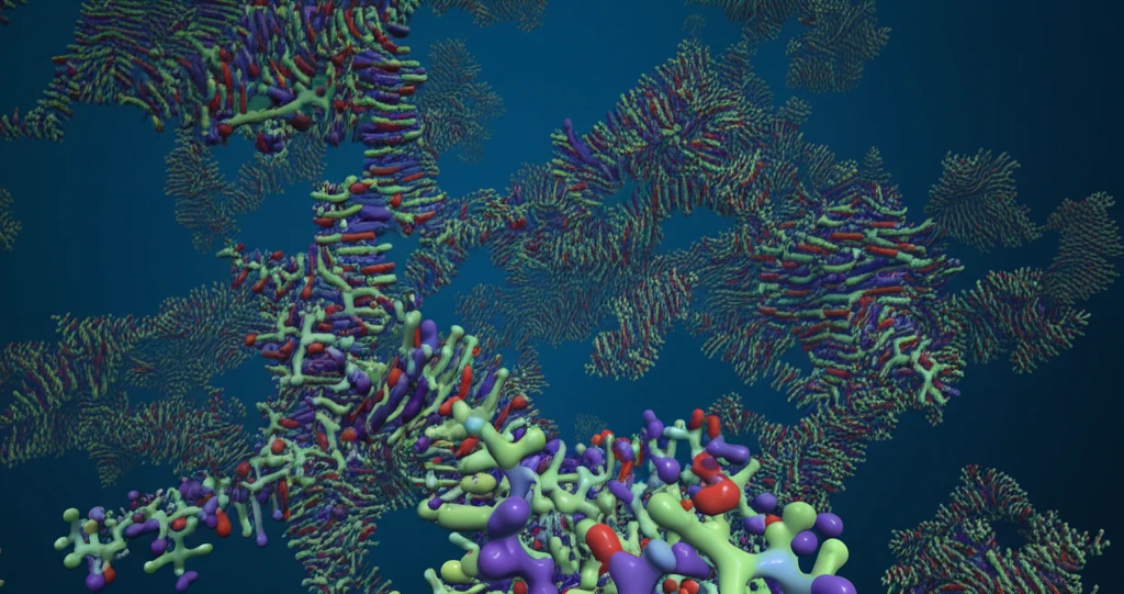 Surreal illustration of interconnected peptoid molecules forming a futuristic landscape.