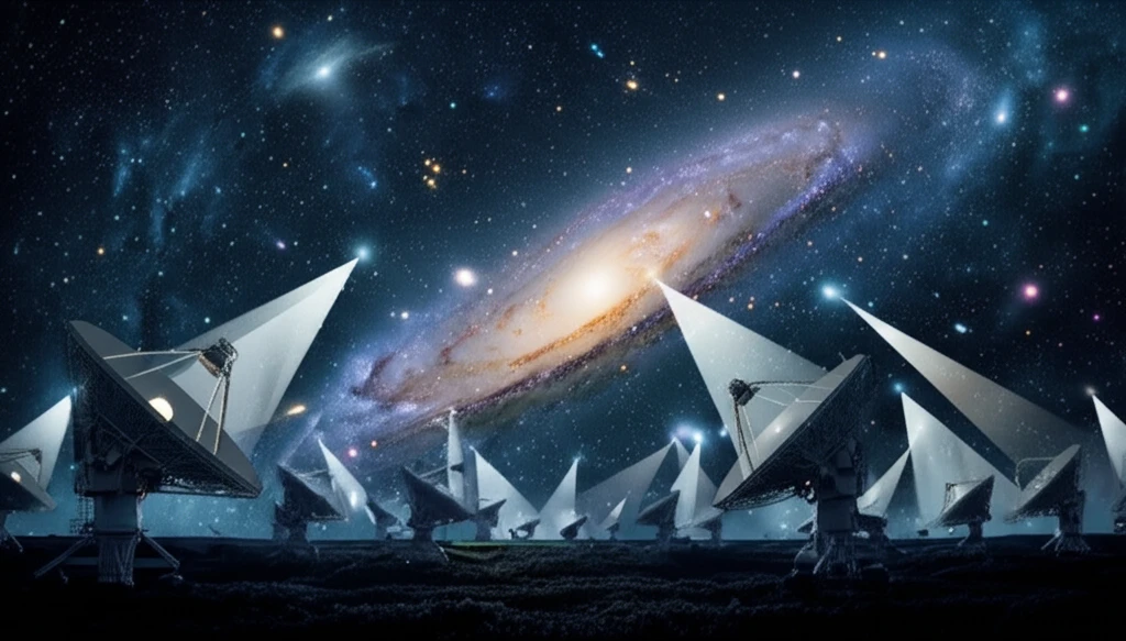 Radio telescopes across Earth focusing on a galaxy with corrected atmospheric distortion.
