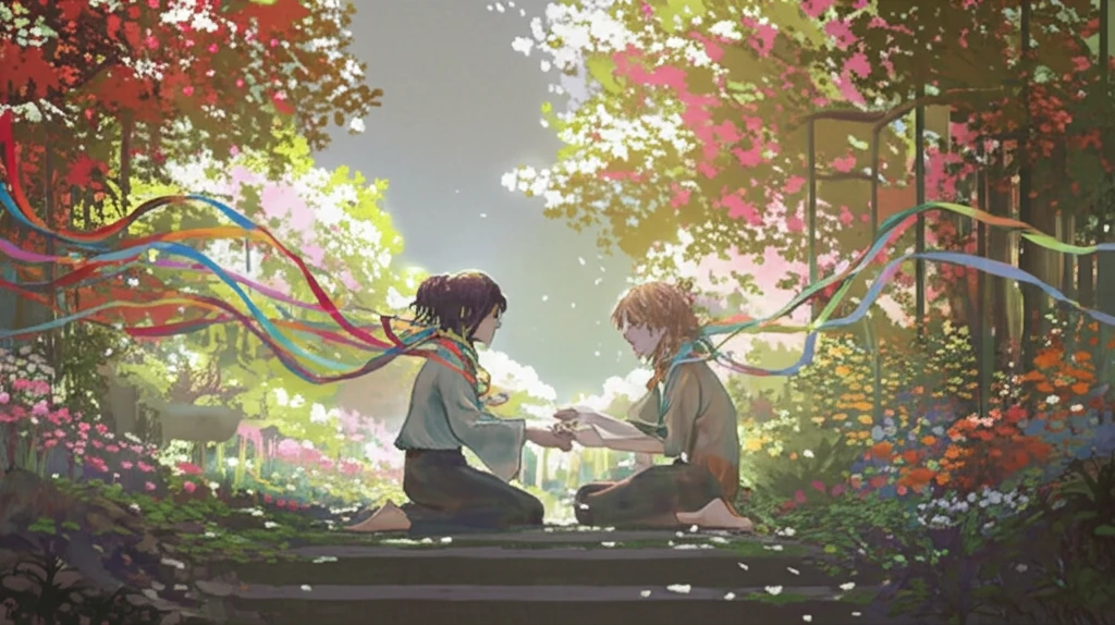 Symbolic illustration of couple's forgiveness journey with ribbons and blooming garden.