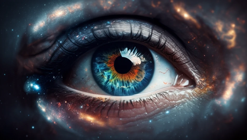 Surreal illustration of an eye amidst galaxies and anatomical cross-sections, symbolizing the complexity of orbital diseases and advanced imaging.