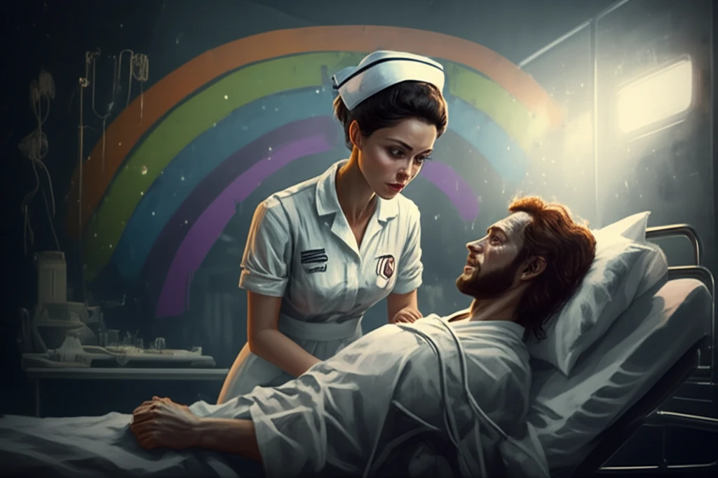A nurse tending to a patient during the AIDS crisis, symbolizing hope and compassion.