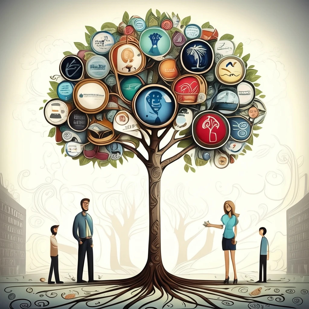 A surreal illustration of a family tree with business logos as leaves, representing family business growth and success.