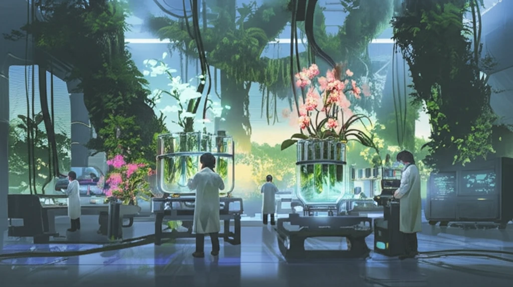 Scientists using in vitro regeneration to conserve orchids in a futuristic lab.
