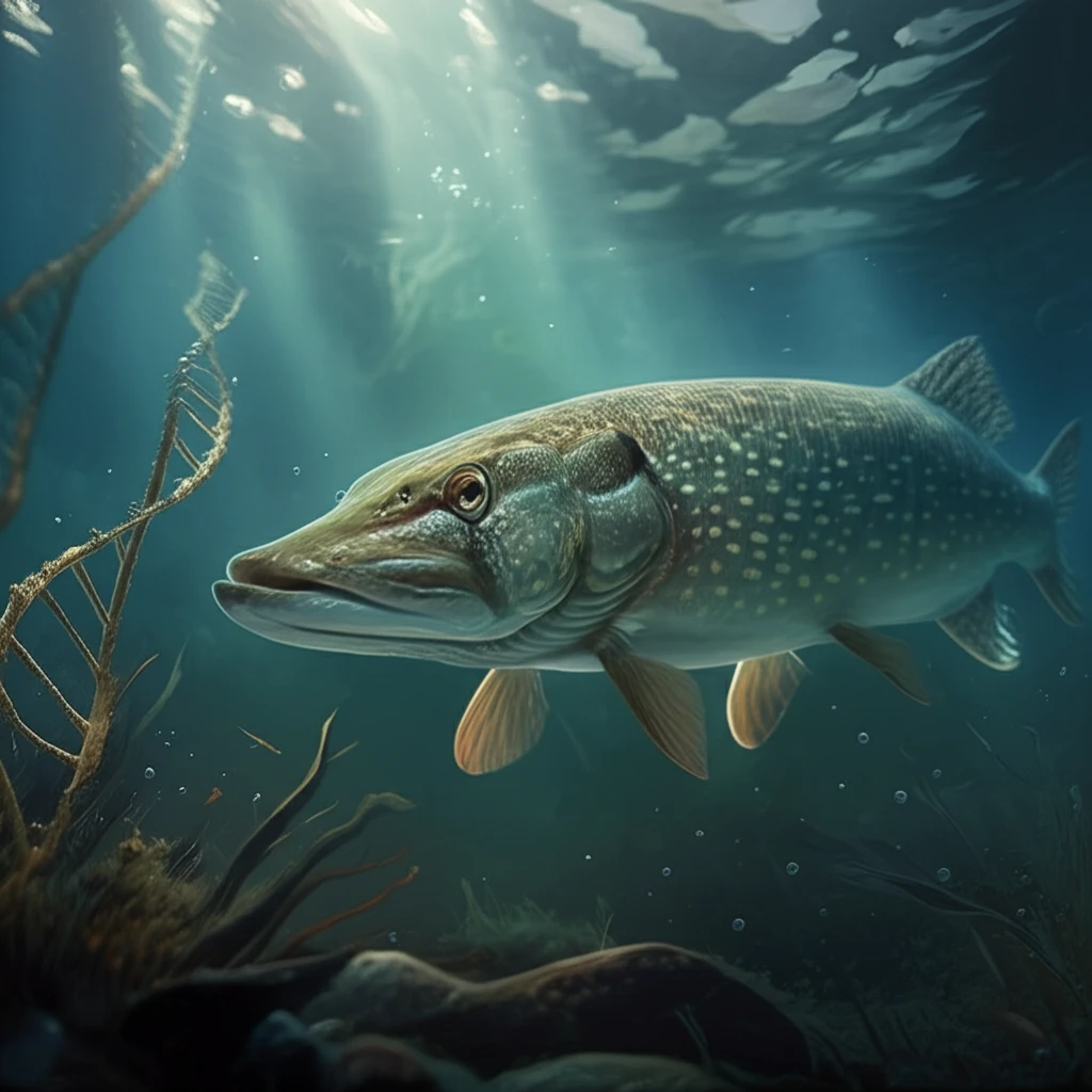 Northern pike swimming in a river, symbolizing genetic diversity.