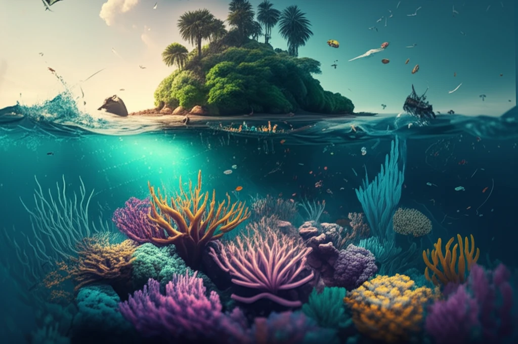 Vibrant coral reefs and financial charts symbolize the intersection of conservation and finance in Seychelles.
