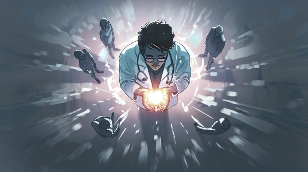 A doctor holding a heart surrounded by patients, symbolizing patient-centered care.