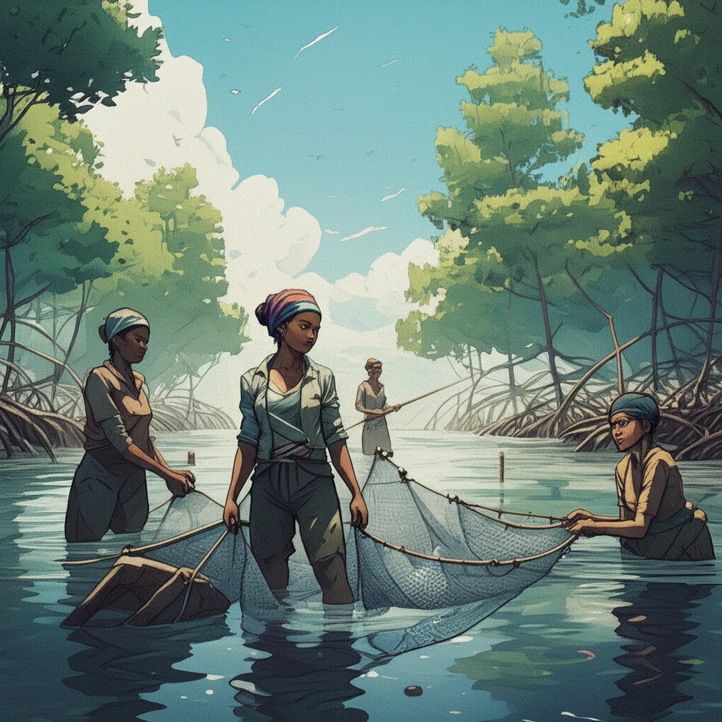 Women working together in a vibrant mangrove estuary.