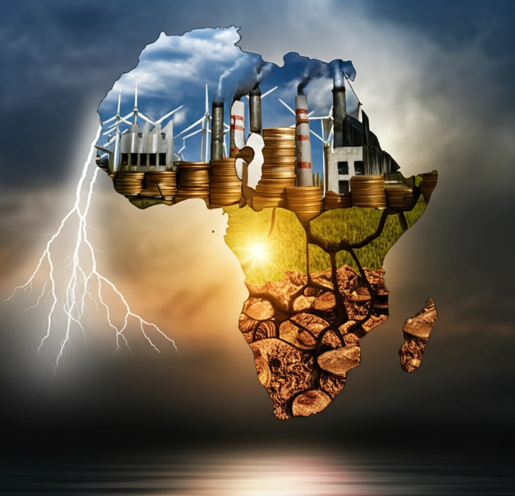 Fractured map of Africa piecing together with economic symbols