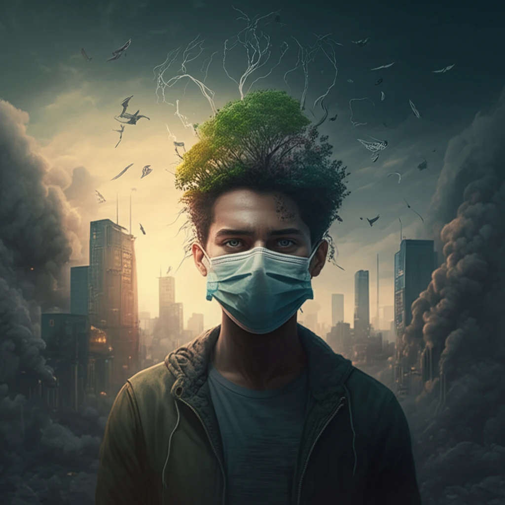 Person wearing a mask in polluted city with their head dissolving into clean air symbols.
