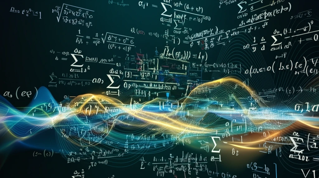 Fluid dynamics shown as equations flowing over natural landscapes.
