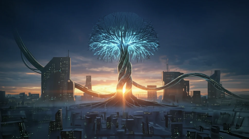 Surreal illustration of two glowing umbilical cords forming a tree of life, symbolizing advanced medical treatments.