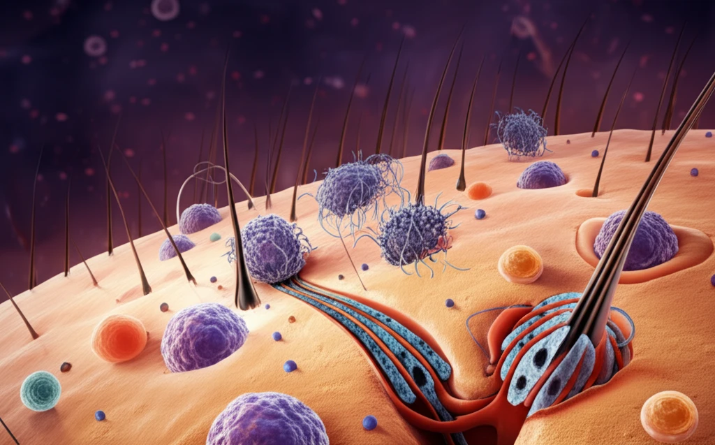 Illustration of skin cells with malfunctioning aquaporin channels.