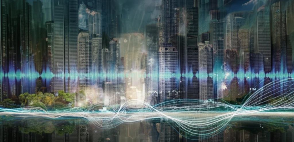 Surreal cityscape transformed by sound waves and queer symbolism